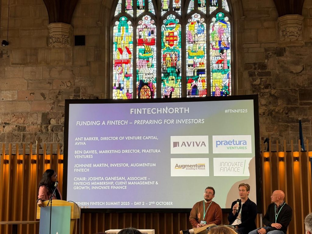 Fintech North Slide with the background of a church