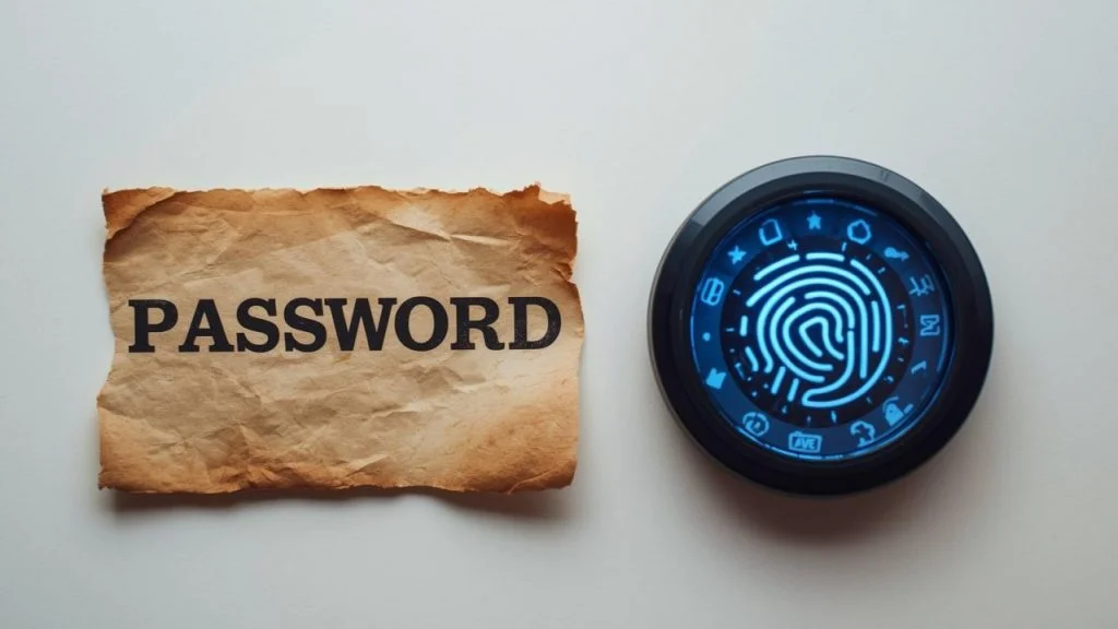 password written on a piece of paper and a fingerprint reader