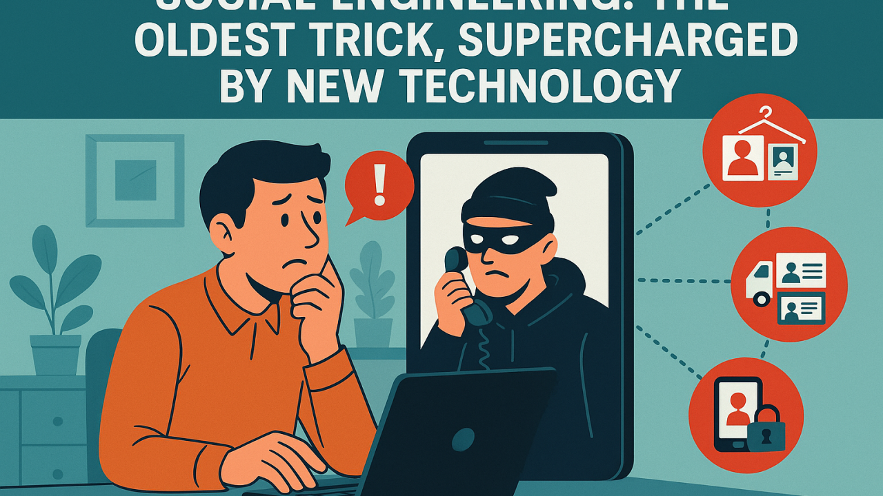 cartoon image of a person being tricked by online fraud, depicted as a man dressed as a burglar on the phone