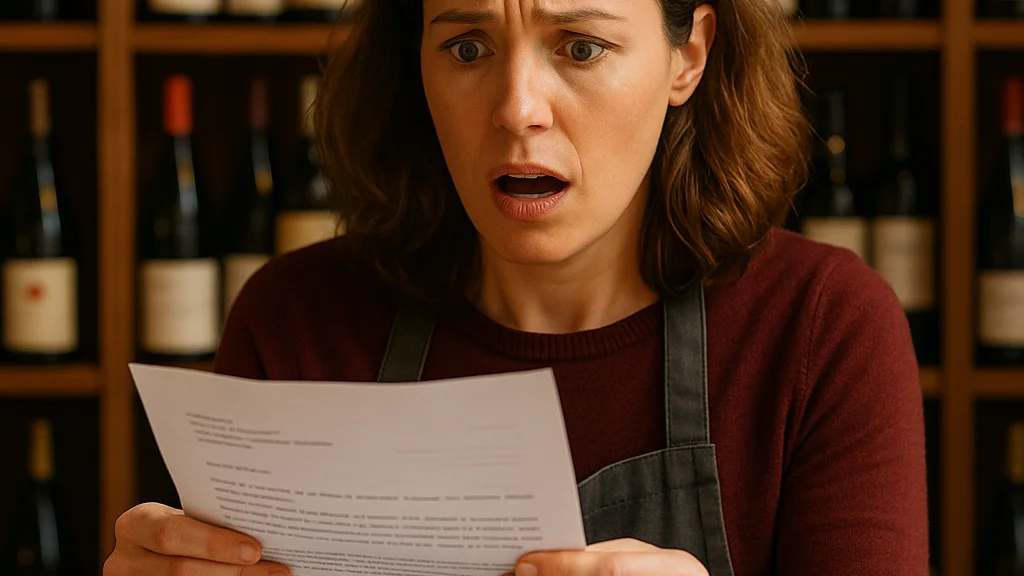 woman looking shocked whilst reading paper